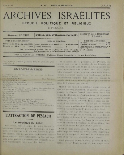 Archives israélites de France. Vol.96 N°63 (29 mars 1934)